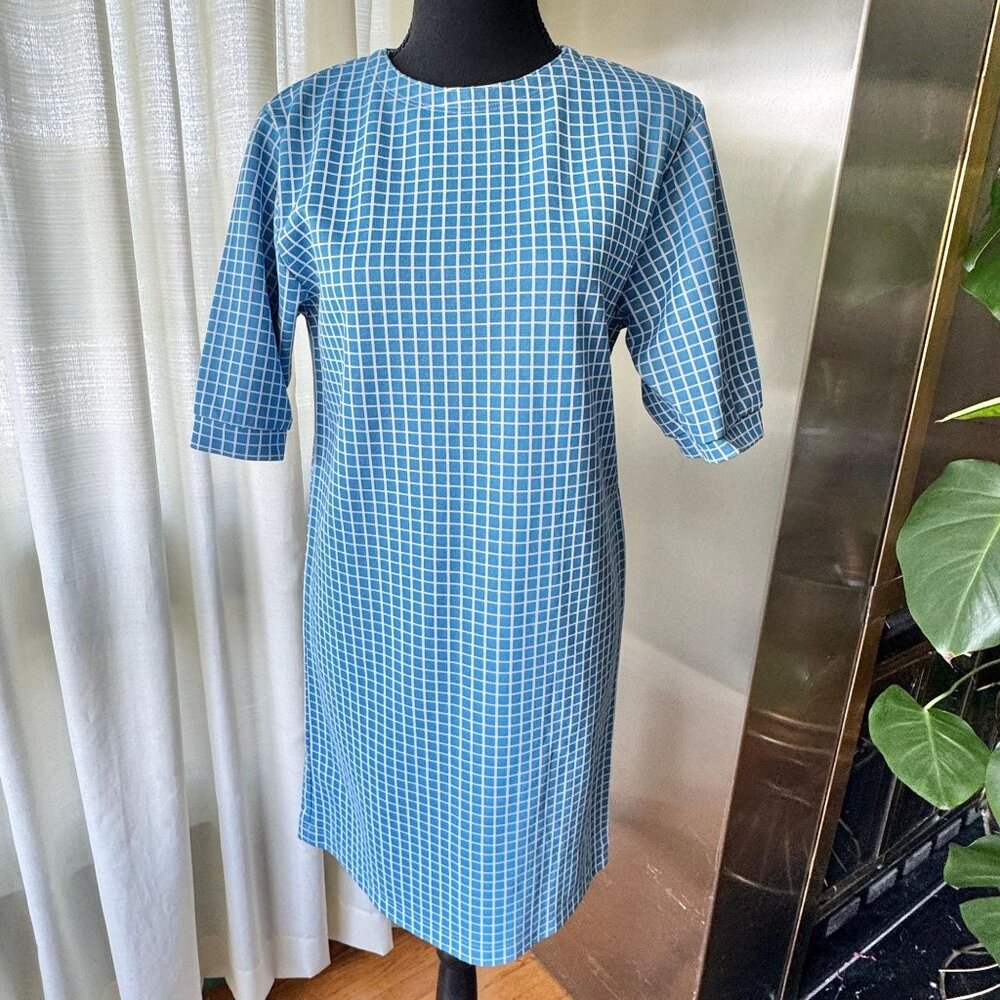 Vintage 60s mini dress, Mod blue white geometric checkered, straight cut